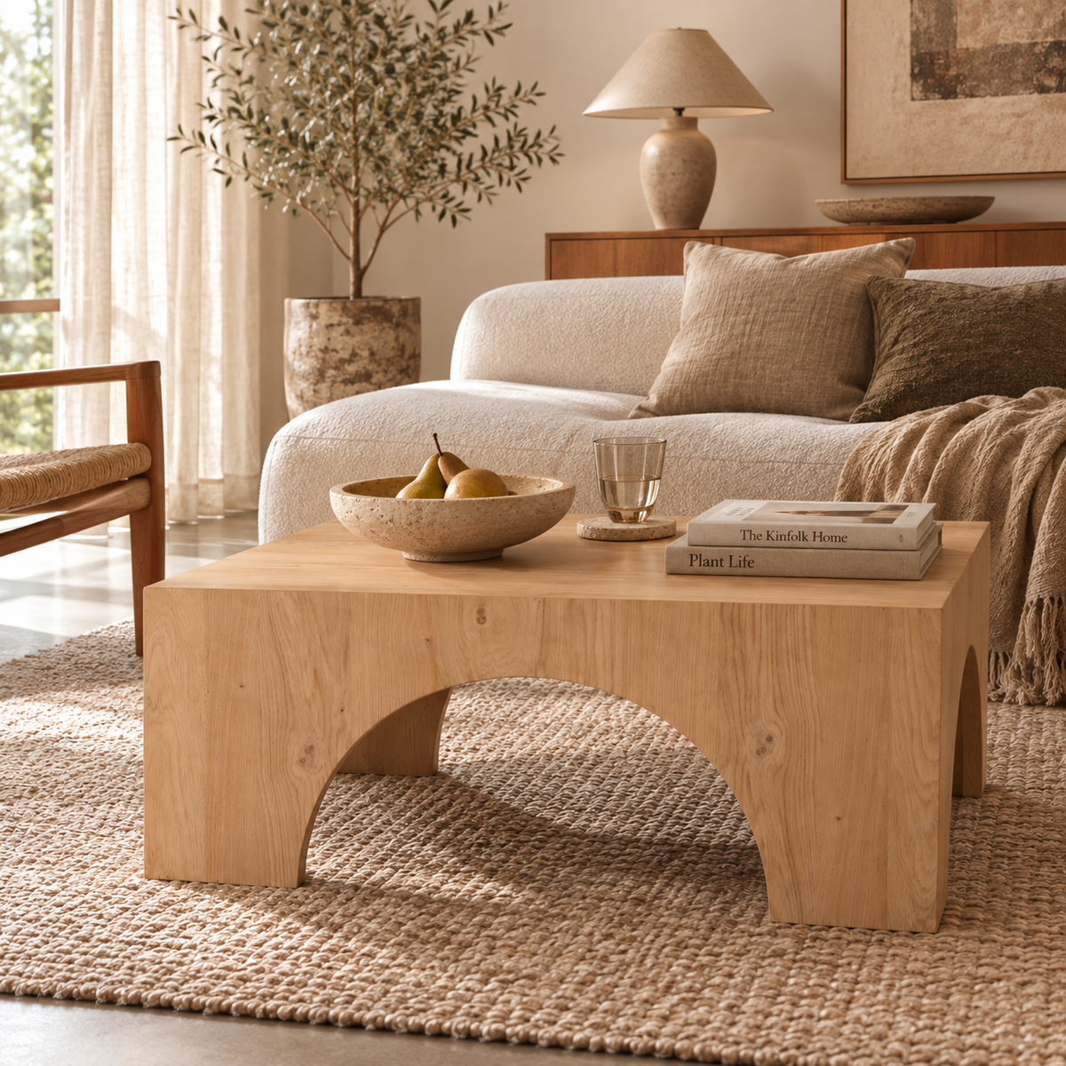 Straight-on front view showcasing the symmetrical arch design and solid wood block construction of the square coffee table