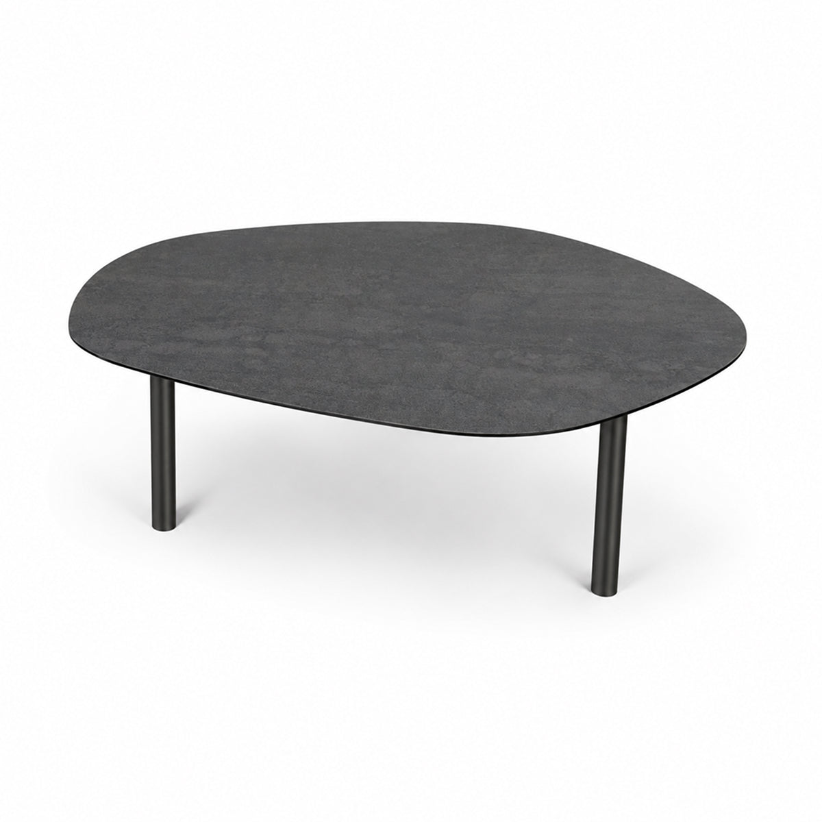 Front view of the large Arzo coffee table featuring a charcoal grey slate top with an organic pebble shape and minimalist black metal legs