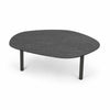 Front view of the large Arzo coffee table featuring a charcoal grey slate top with an organic pebble shape and minimalist black metal legs
