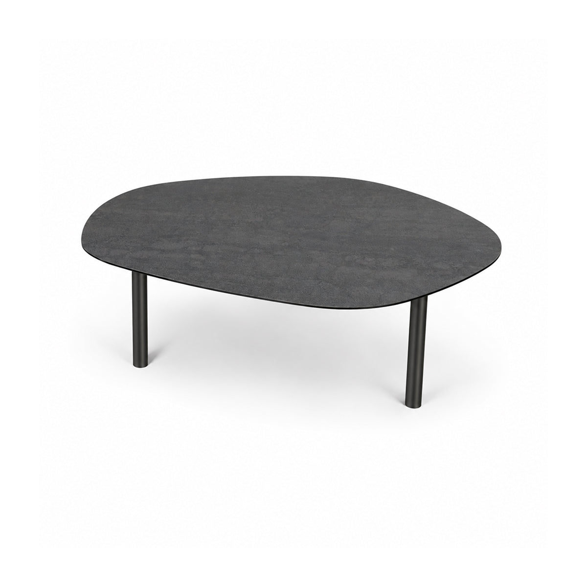 Perspective view highlighting the slim profile of the charcoal slate tabletop and the simple cylindrical leg design
