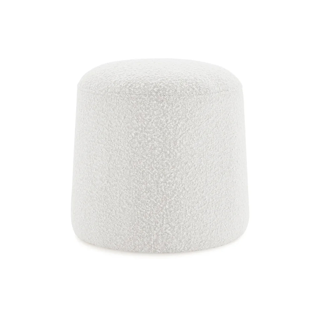 Front view of the Audo round stool featuring soft white bouclé fabric and a minimalist tapered silhouette