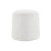 Front view of the Audo round stool featuring soft white bouclé fabric and a minimalist tapered silhouette