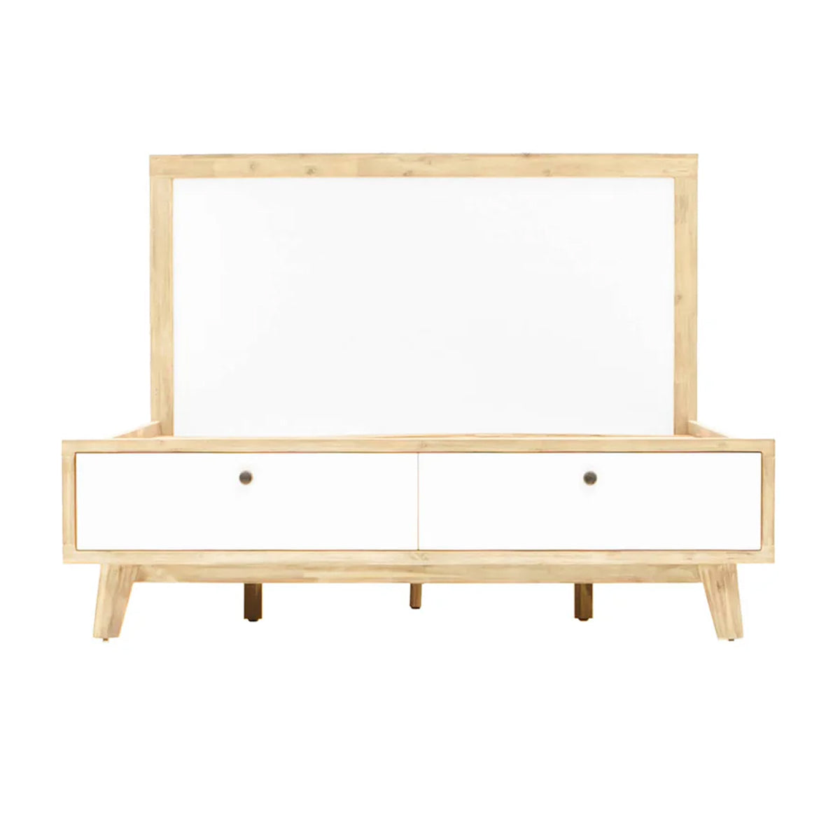 Front view of the Ava king platform bed featuring a tall upholstered headboard in a textured white bouclé fabric