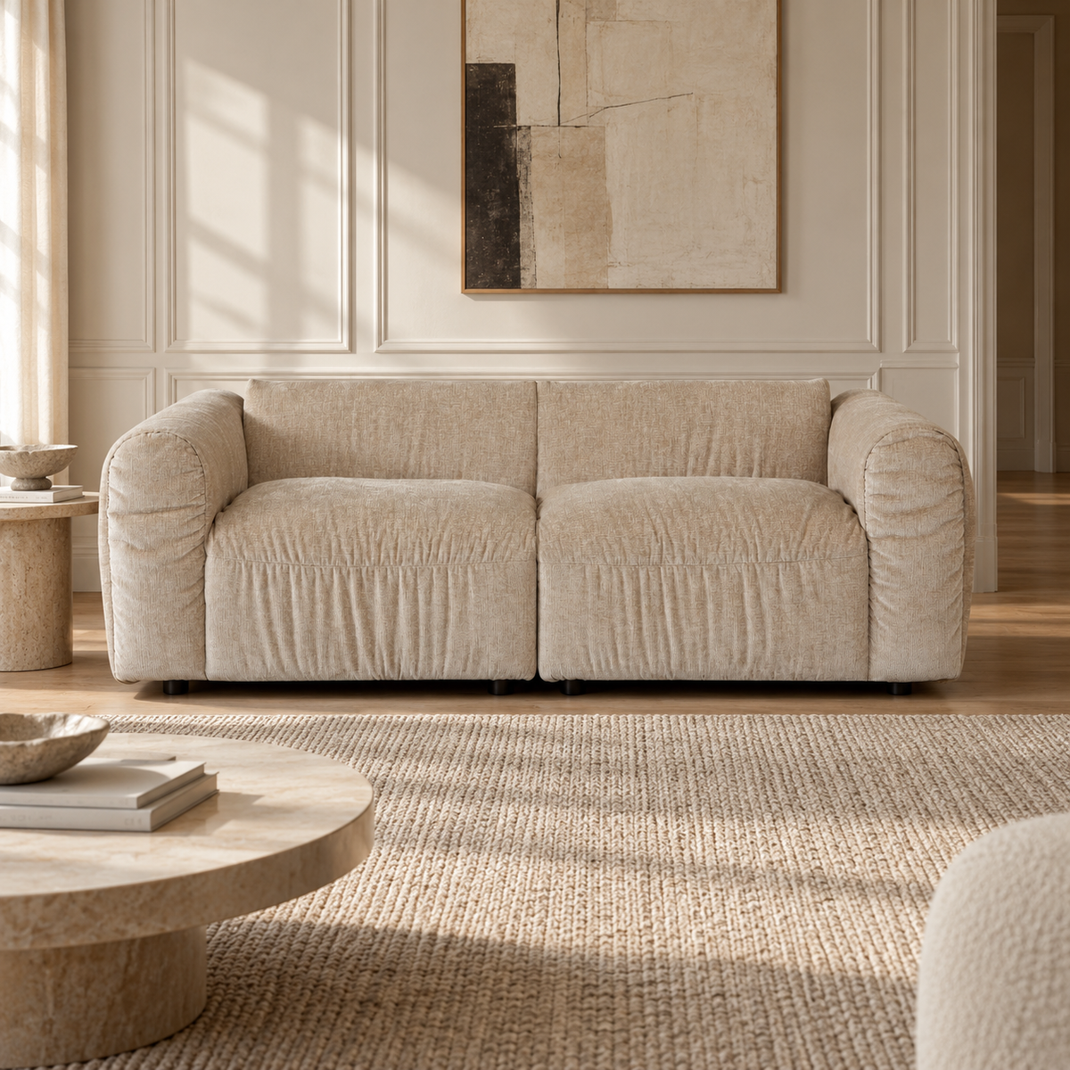 Front view of the Larvik modular 2-seater sofa in moss green corduroy