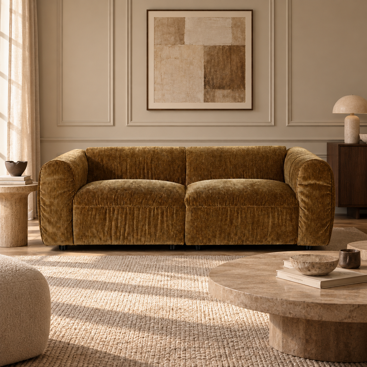 Front view of the Larvik modular 2-seater sofa in moss green corduroy