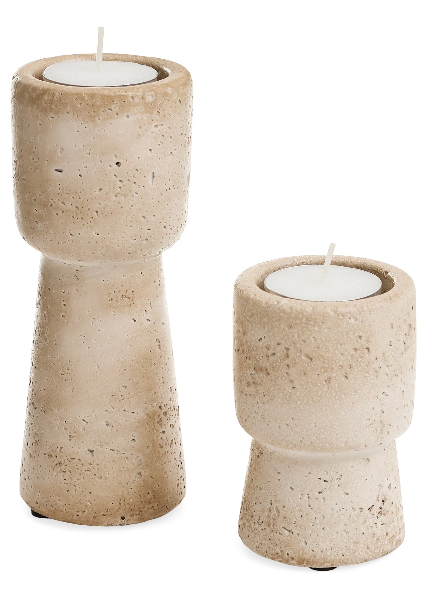 CANDLE HOLDER LARGE CEMENT TRAVERTINE LOOK BEIGE
