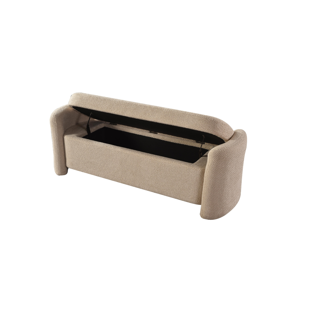Front view of the Baenk upholstered bench featuring a cream textured fabric and soft rounded armrests