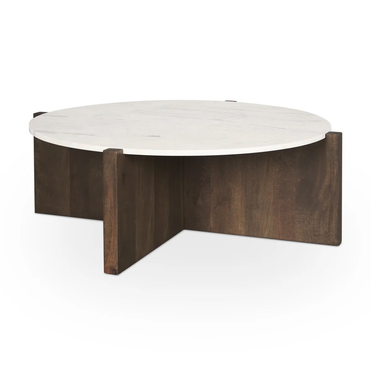 Front view of the Bianca coffee table featuring a circular white marble top and an intersecting dark brown wood slab pedestal base