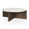 Front view of the Bianca coffee table featuring a circular white marble top and an intersecting dark brown wood slab pedestal base