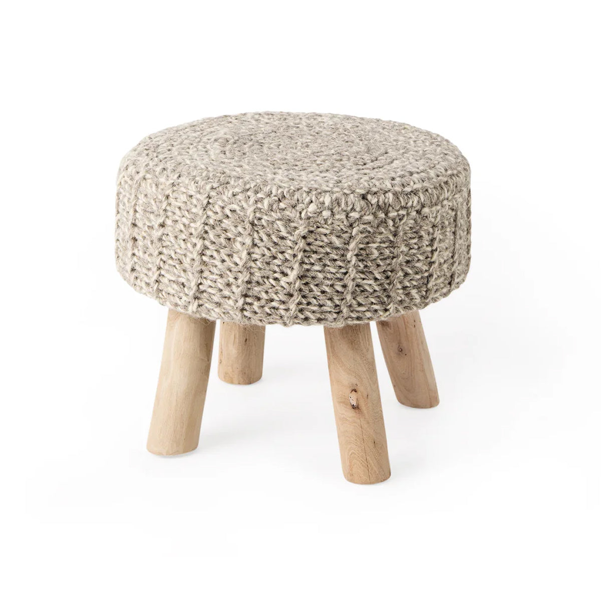 Front three-quarter view of the Bina accent stool featuring a thick gray knitted wool seat and four natural wood legs