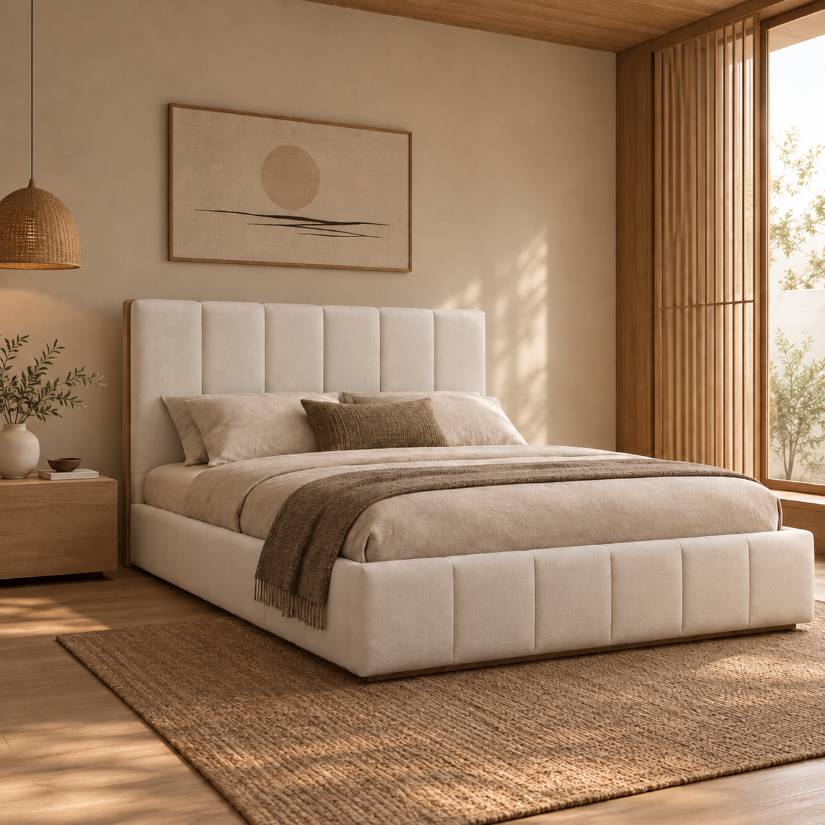 Front view of the Bjorn upholstered platform bed featuring vertical channel tufting in cotton fabric with a natural chai wood base