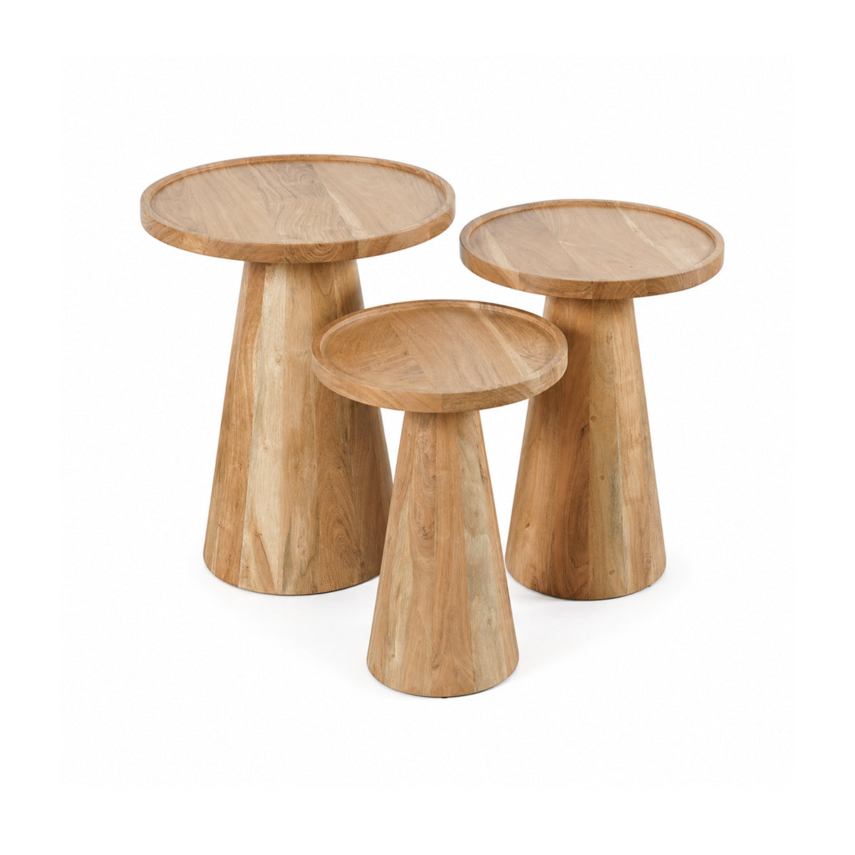 Front view of the Bo bunching table set featuring three round natural wood tables with tapered pedestal bases in graduated heights