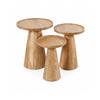 Front view of the Bo bunching table set featuring three round natural wood tables with tapered pedestal bases in graduated heights