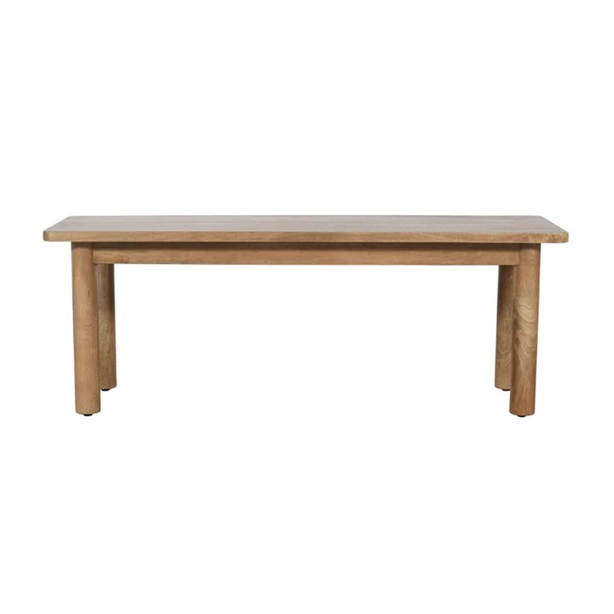 Front view of the Bodhi dining bench featuring a smooth natural wood finish and sturdy rounded legs