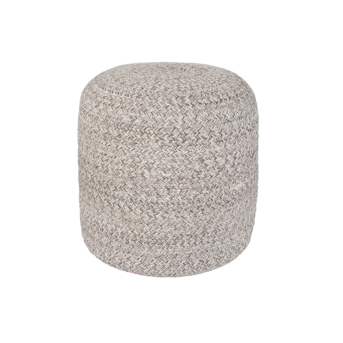 Front view of the Bohemian yarn pouf showcasing a soft braided weave in neutral cream and earth tones