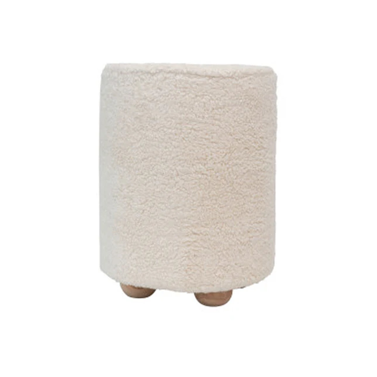 Front view of a cylindrical cream bouclé upholstered pouf featuring three rounded natural wood feet