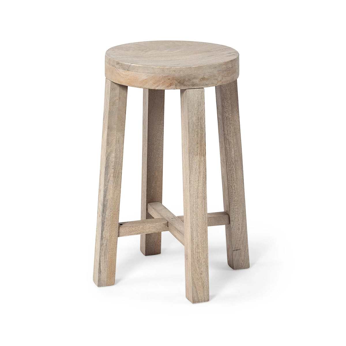 A rustic light oak wood stool with a round seat and four legs connected by a crossbar, shown on a white background.