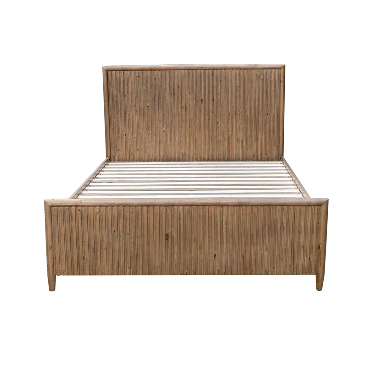 Front view of the Ava king platform bed featuring a tall upholstered headboard in a textured white bouclé fabric