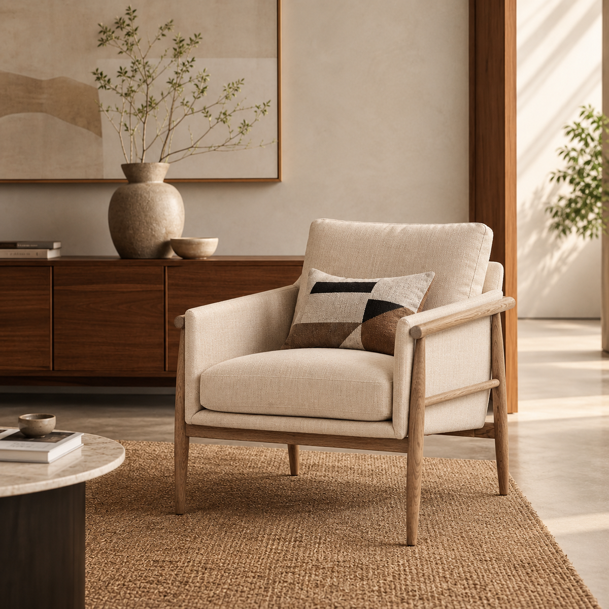 Bronte club chair with light beige fabric upholstery and wood frame front view