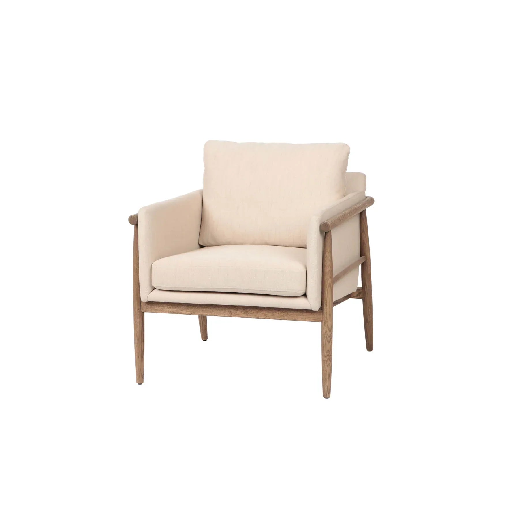 Bronte club chair with light beige fabric upholstery and wood frame front view