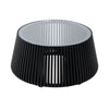 Front view of the Bungalow coffee table featuring a tapered cylindrical base made of black vertical wood slats and a clear glass inset top