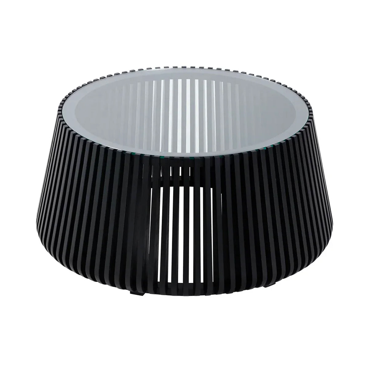 Front view of the Bungalow coffee table featuring a tapered cylindrical base made of black vertical wood slats and a clear glass inset top