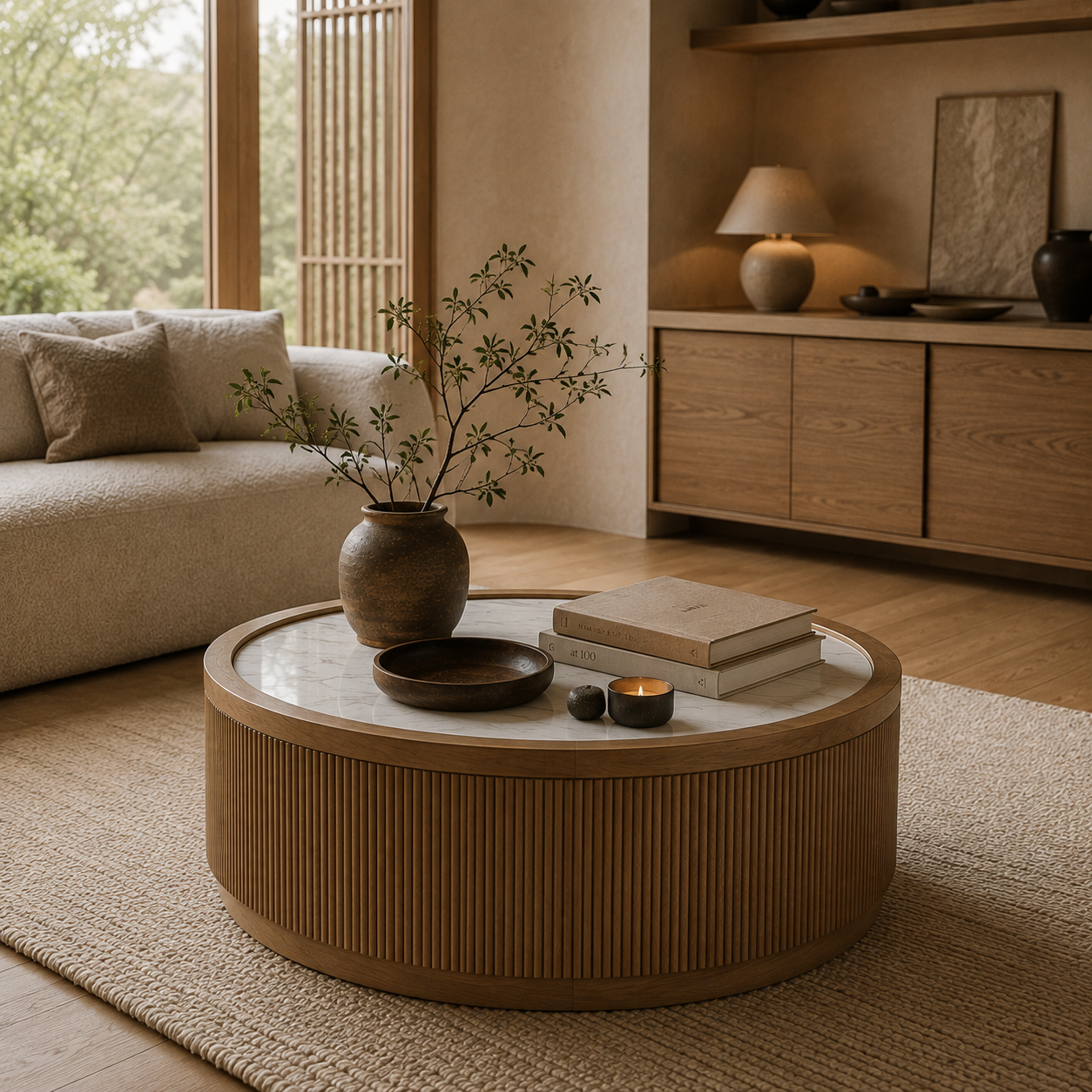 Front view of the Camdill round cocktail table featuring a white faux marble top and a natural fluted tambour wood base