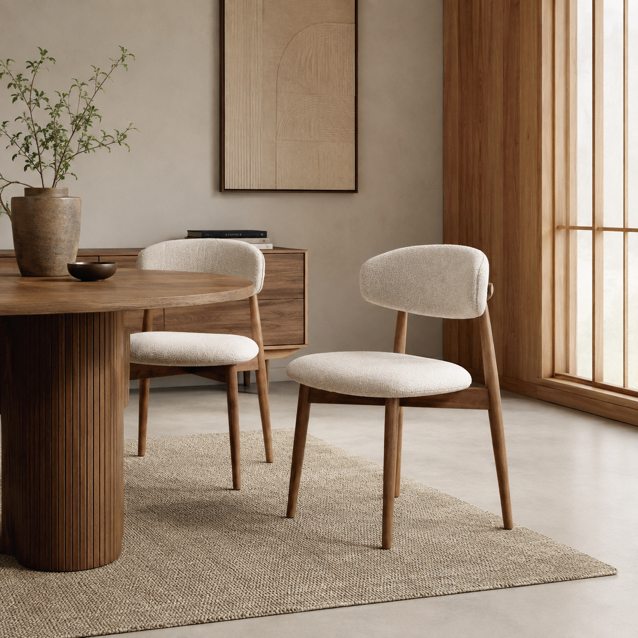 Cammy dining chair with beige textured fabric upholstery and walnut wood legs, front view on white background