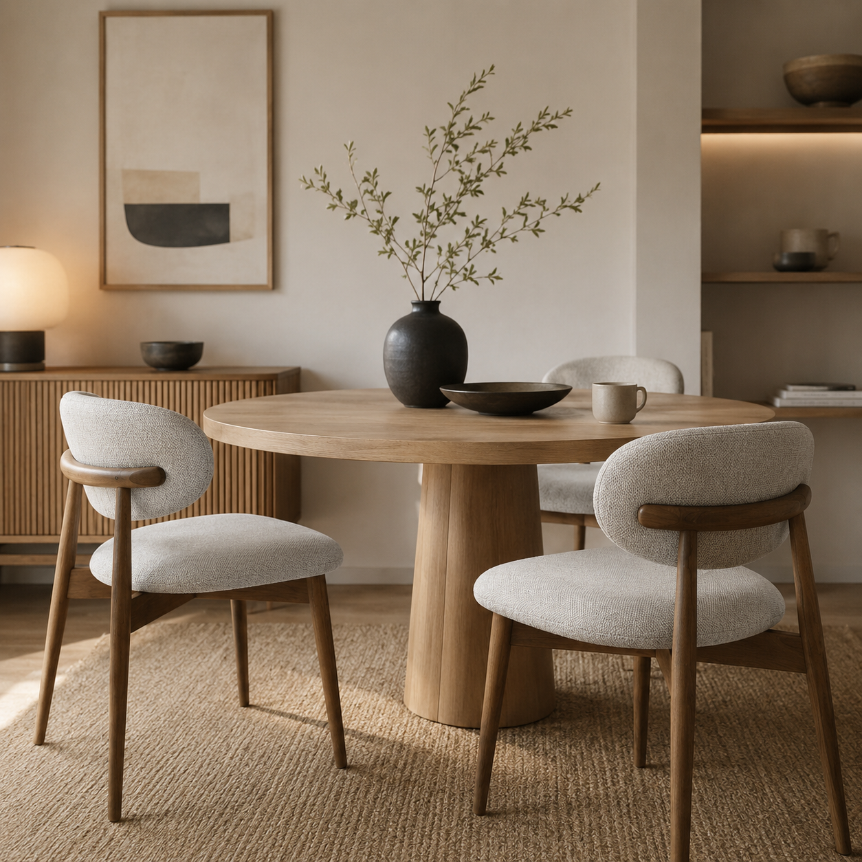 Cammy dining chair with beige textured fabric upholstery and walnut wood legs, front view on white background