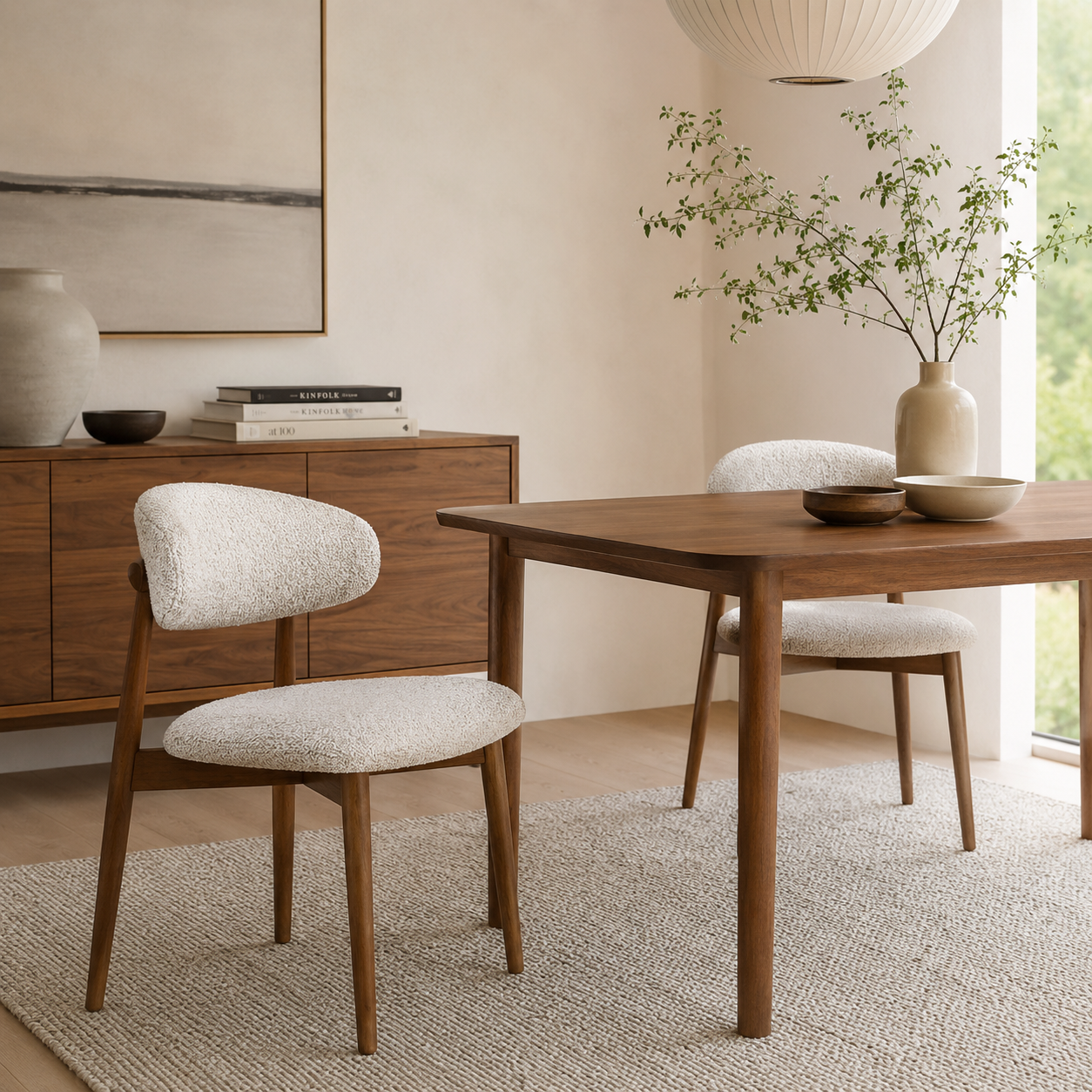 Cammy dining chair with beige textured fabric upholstery and walnut wood legs, front view on white background