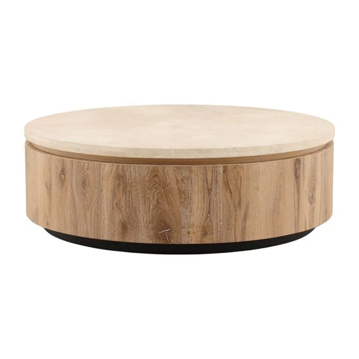 Front view of the Canyon coffee table featuring a circular cream travertine top and a substantial light wood drum pedestal base