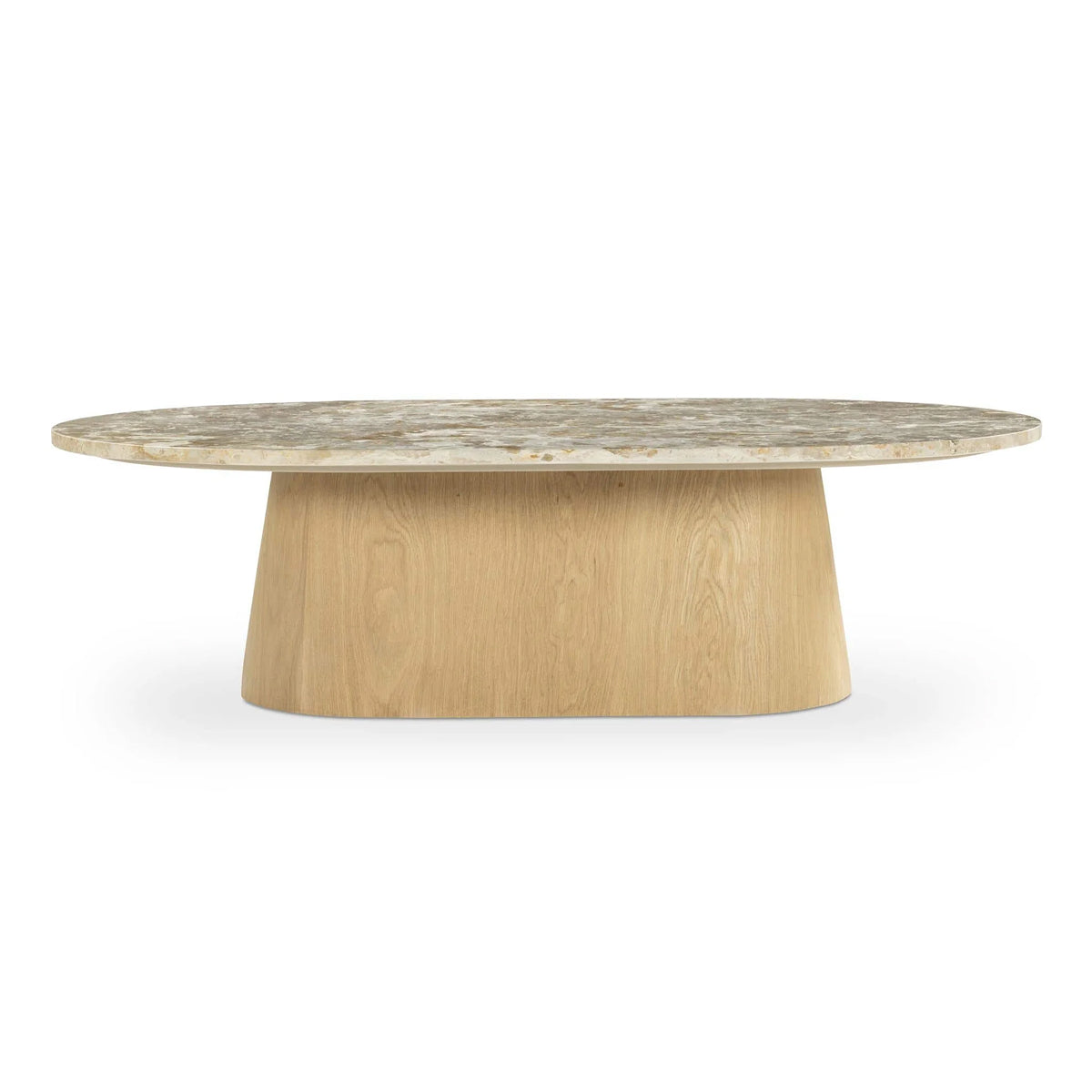 Round marble coffee table with wooden base on a white background