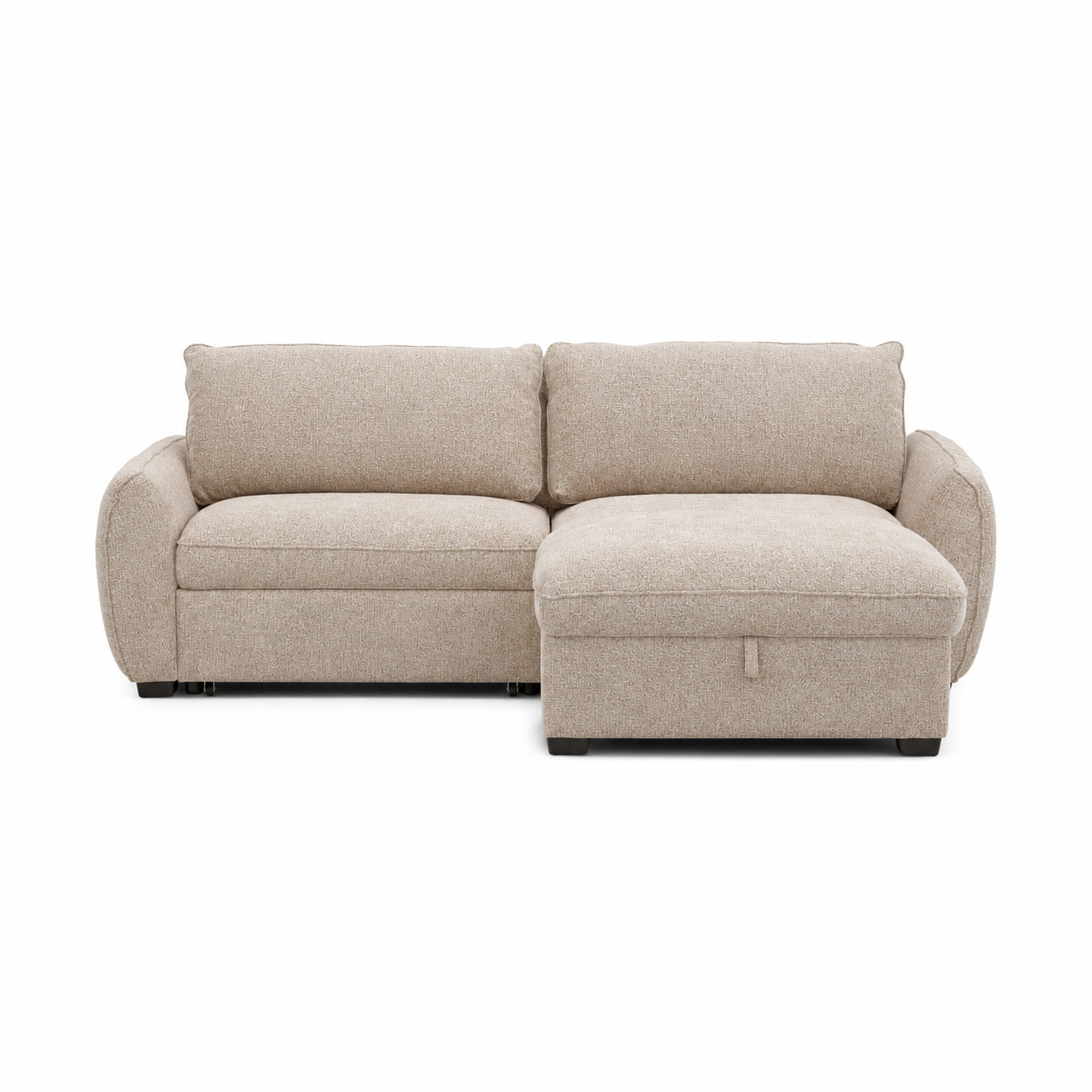 Front view of the Amira Pullout Sleeper Sectional in light grey textured fabric with a right-facing chaise.