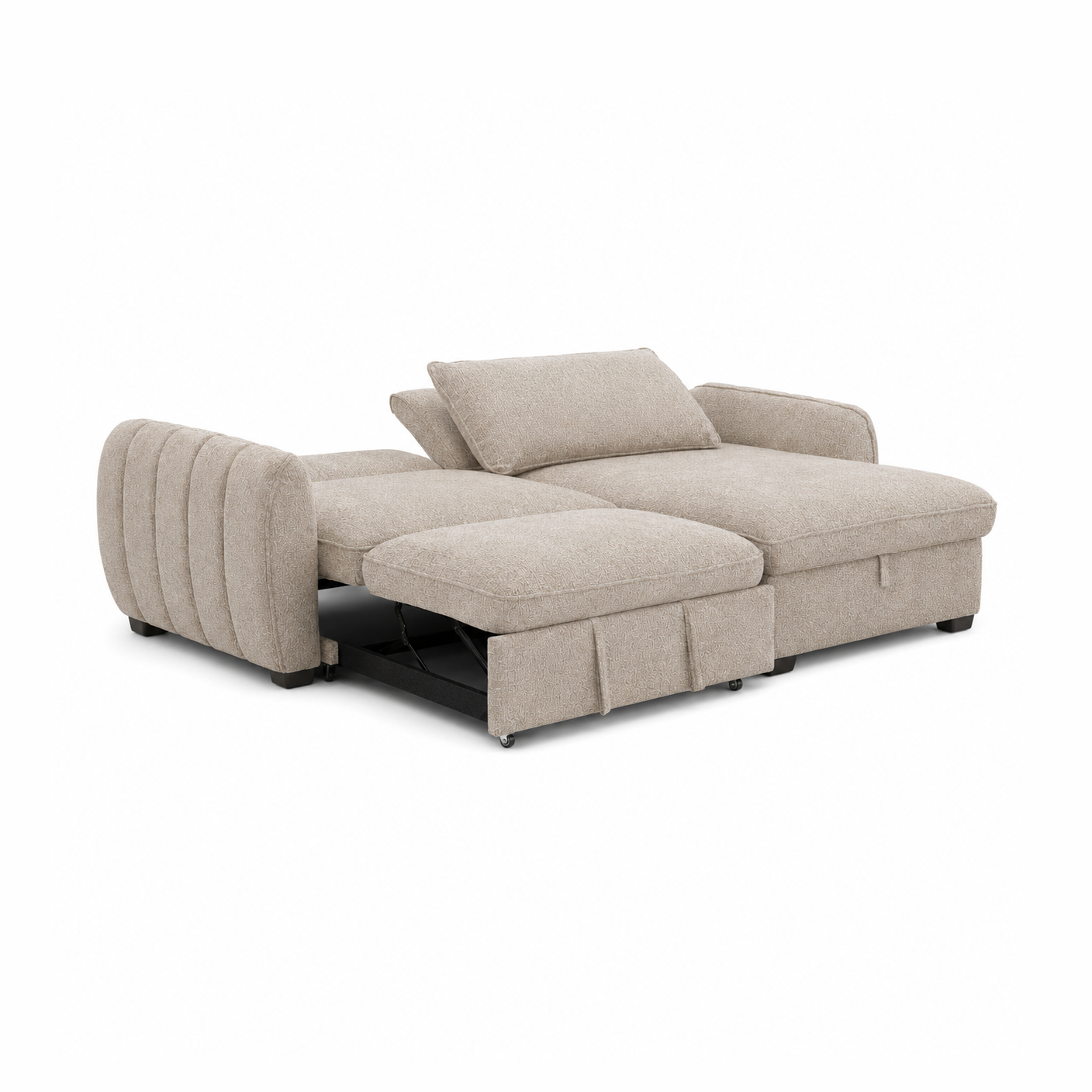 Front view of the Amira Pullout Sleeper Sectional in light grey textured fabric with a right-facing chaise.