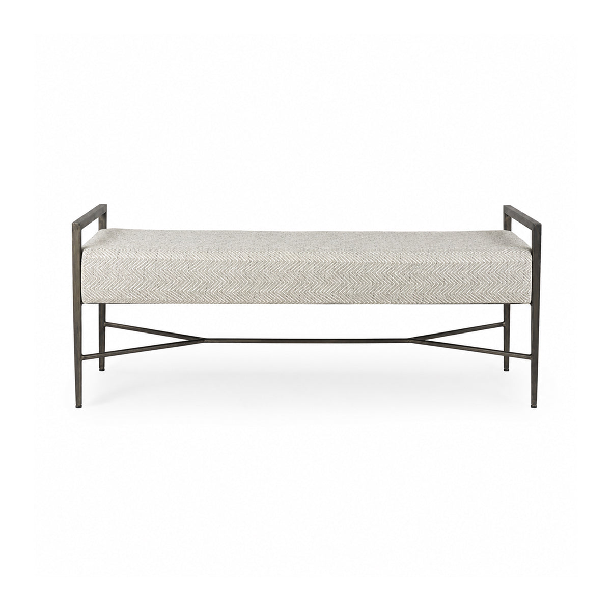 Front view of the Charlotte bench featuring light gray chevron-patterned upholstery and a minimalist black metal frame