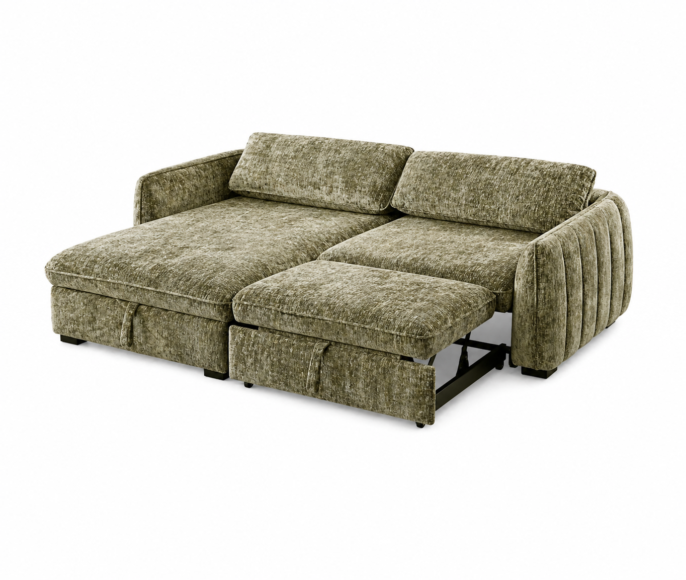 Front view of the Amira Pullout Sleeper Sectional in light grey textured fabric with a right-facing chaise.