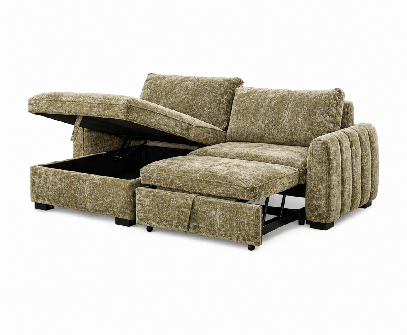 Front view of the Amira Pullout Sleeper Sectional in light grey textured fabric with a right-facing chaise.