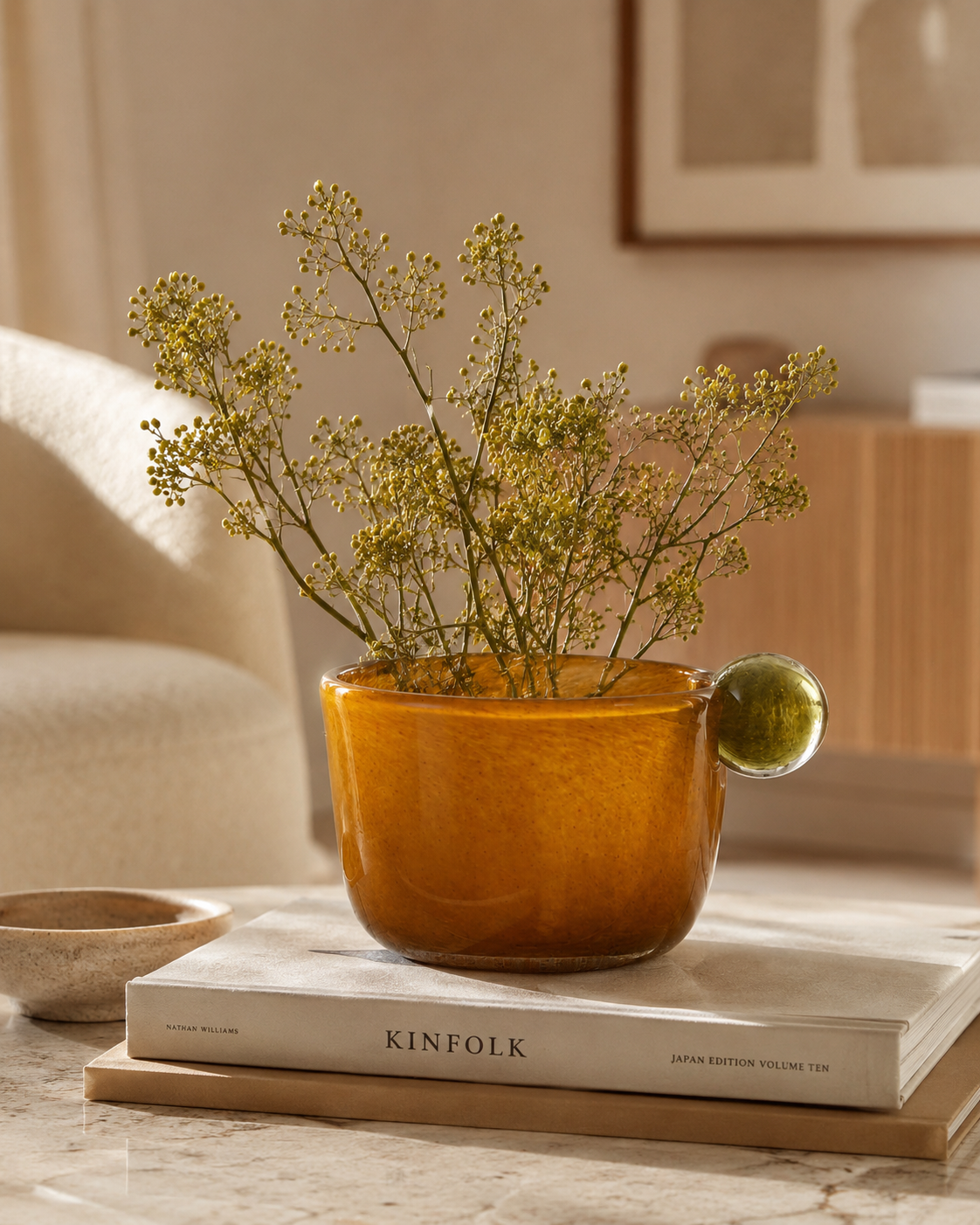 Glass Vase/Bowl w/ Ball, Opaque Amber Color & Gree-thumbmail-3