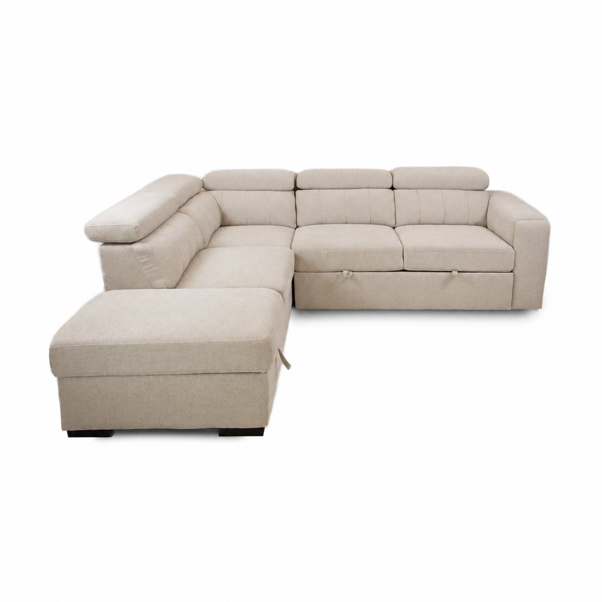 Front view of the Tristan Sleeper Sectional in Fritillary cream fabric with adjustable headrests and storage ottoman