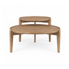 Front view of the Cleaver nesting coffee table set featuring two circular brown solid wood tables at tiered heights