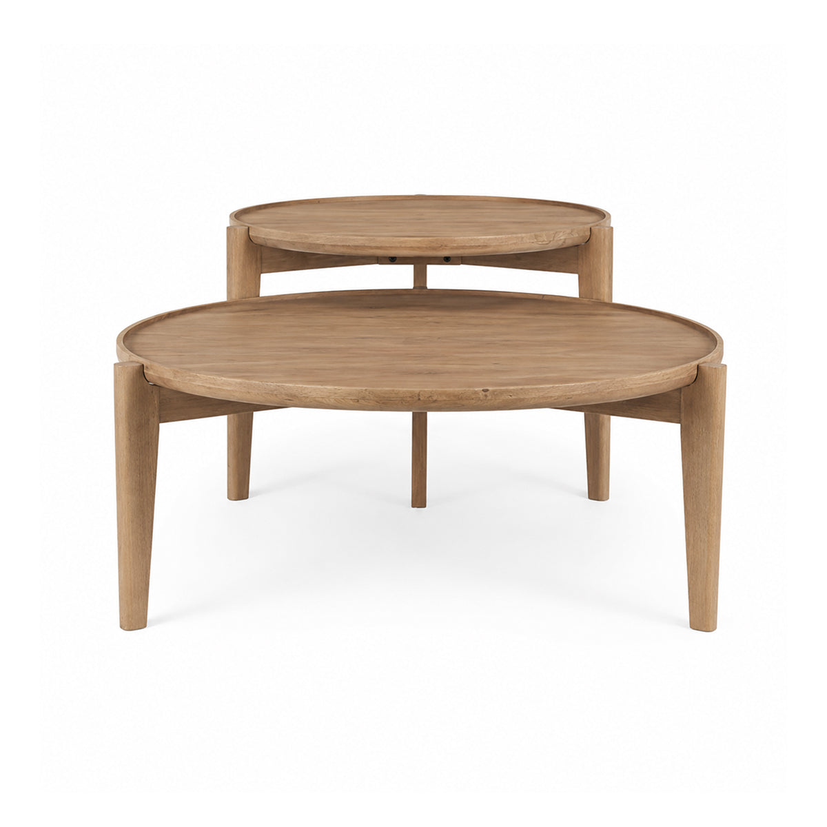 Front view of the Cleaver nesting coffee table set featuring two circular brown solid wood tables at tiered heights