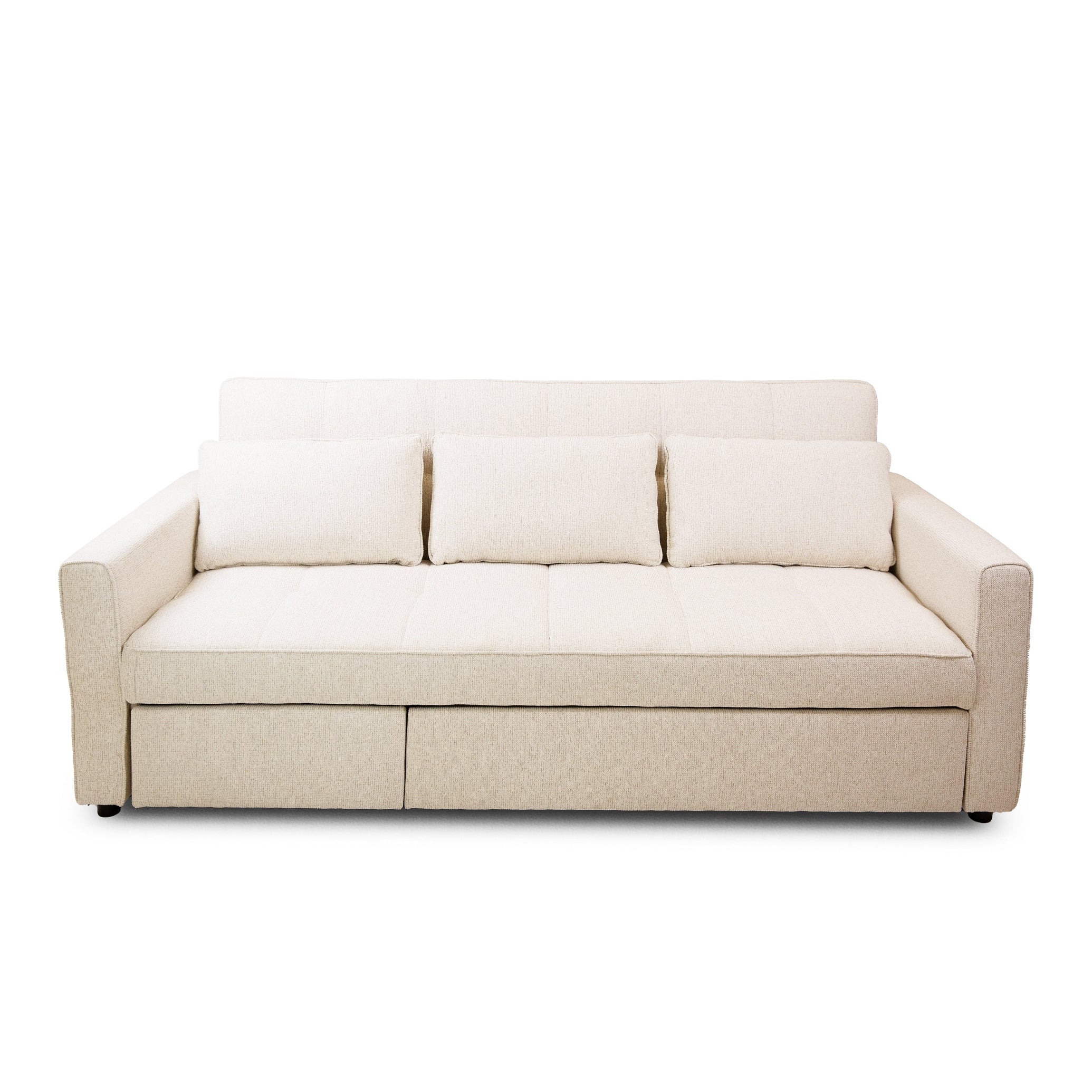 Front view of the Hedal Sofa Sectional Sleeper in cream textured fabric with matching throw pillows