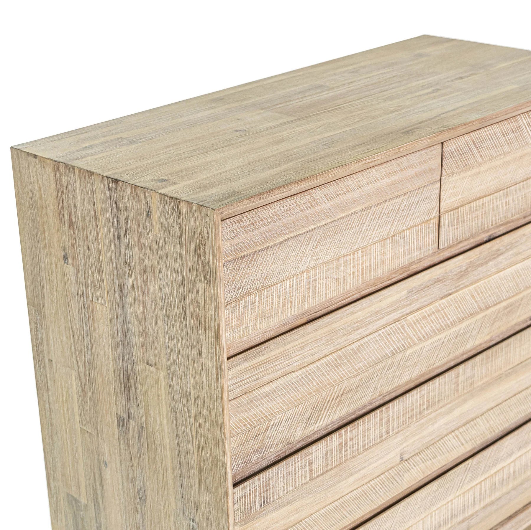 Front view of the Gia 5-drawer vertical chest featuring a light natural wood finish with horizontal planked detailing and handle-free drawers