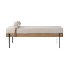 Front view of the Colburne bench featuring a beige linen-textured seat a natural wood base and black industrial metal legs