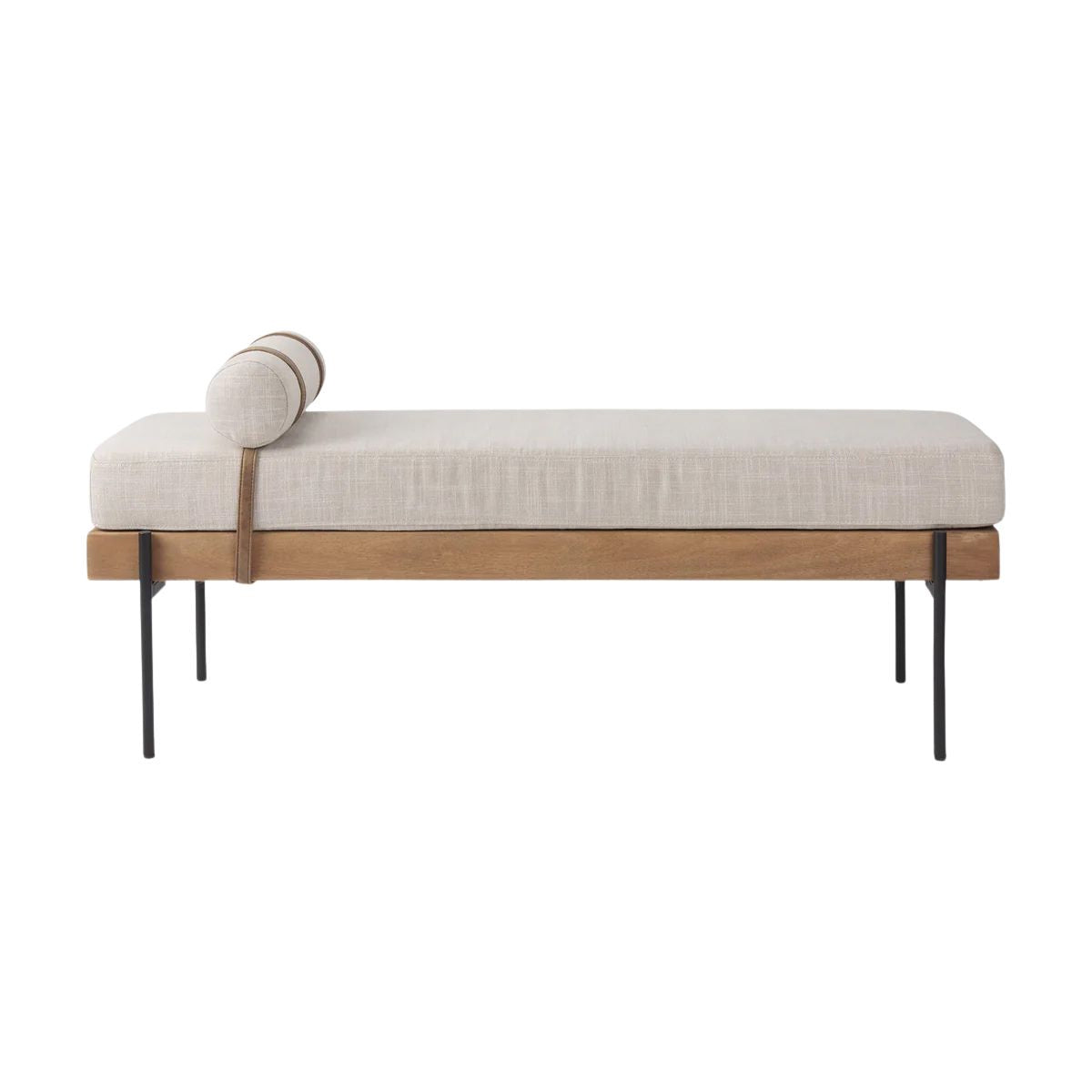 Front view of the Colburne bench featuring a beige linen-textured seat a natural wood base and black industrial metal legs