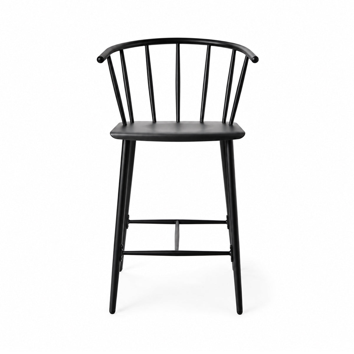A modern counter or bar stool with a traditional twist, designed in metal and finished with a smooth matte black color