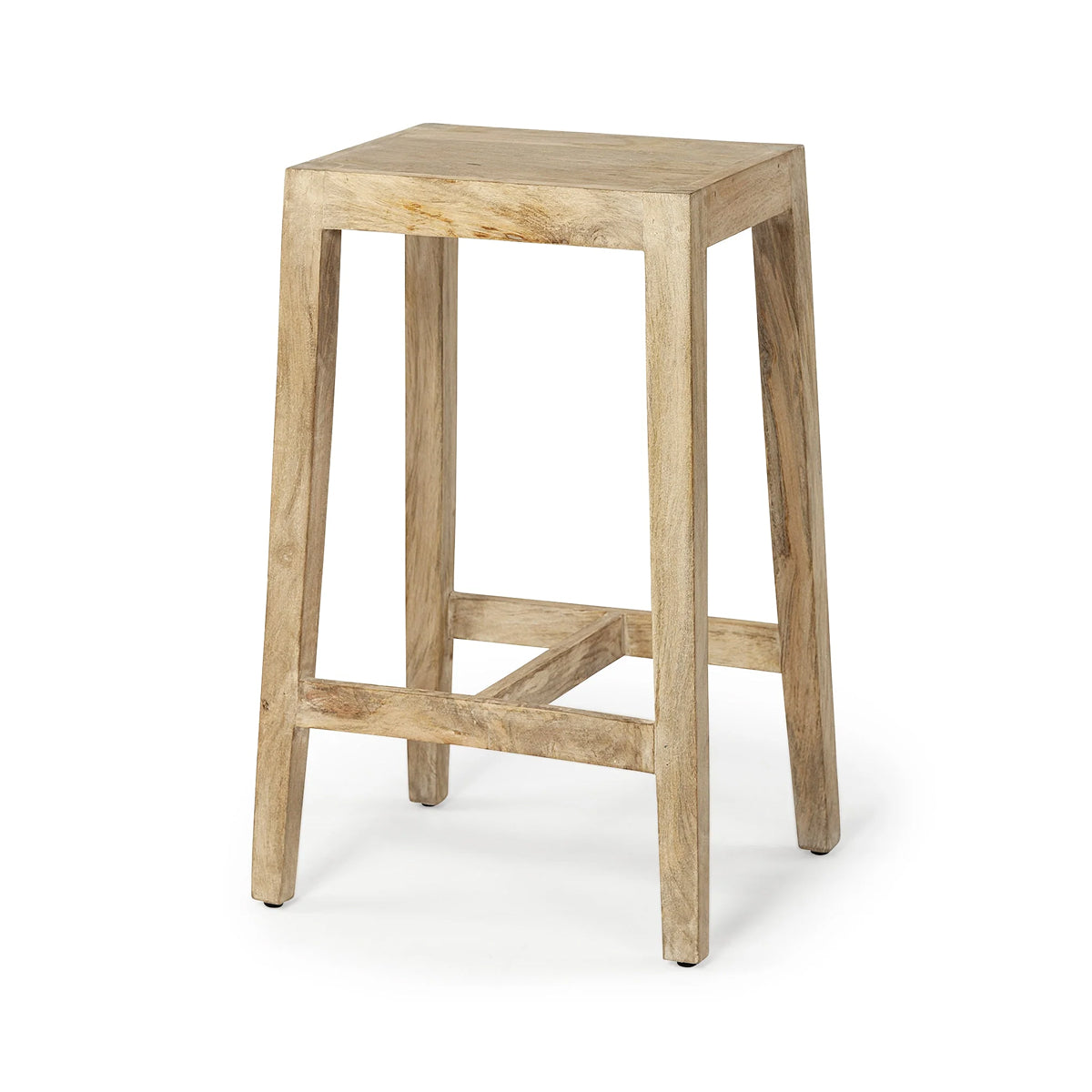 A classic counter height stool carefully crafted from naturally finished Indian mango wood that dons a rectangular seat and a sturdy, four-legged base.