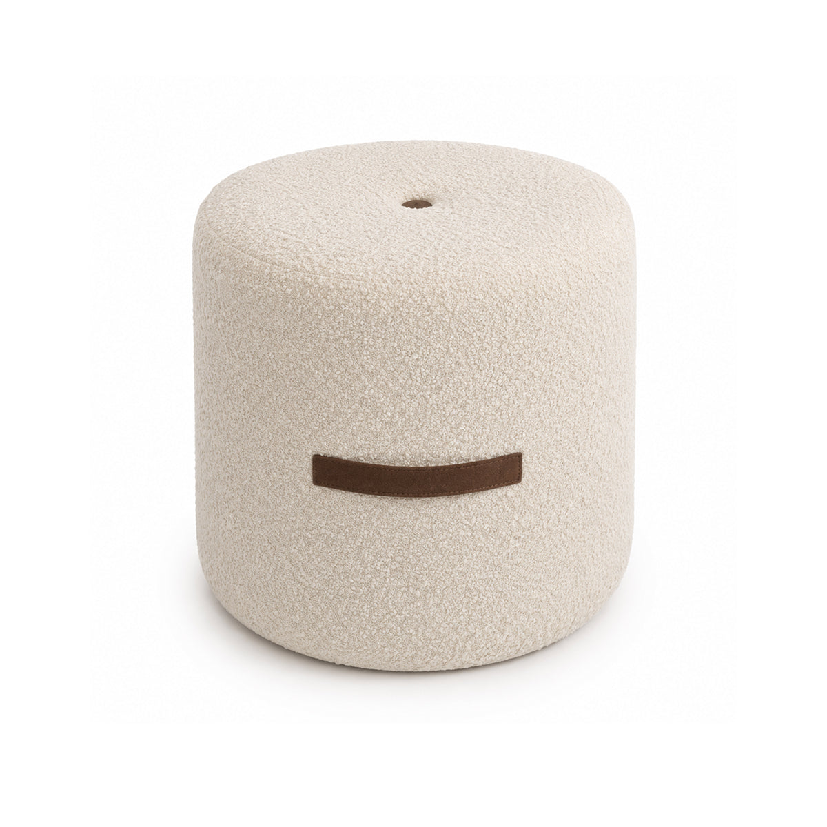 Front view of the Elara ottoman featuring a white bouclé bowl-shaped seat and a natural wood cross-base frame