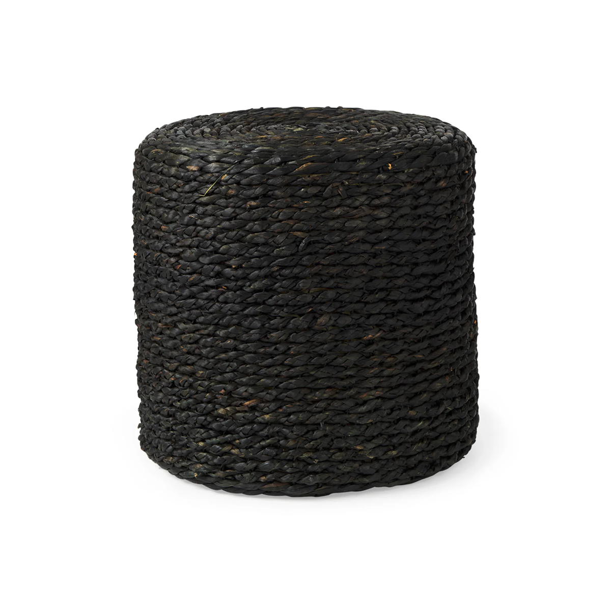 Front three-quarter view of the Dina round pouf featuring a dense handcrafted weave of black cornhusk and water hyacinth