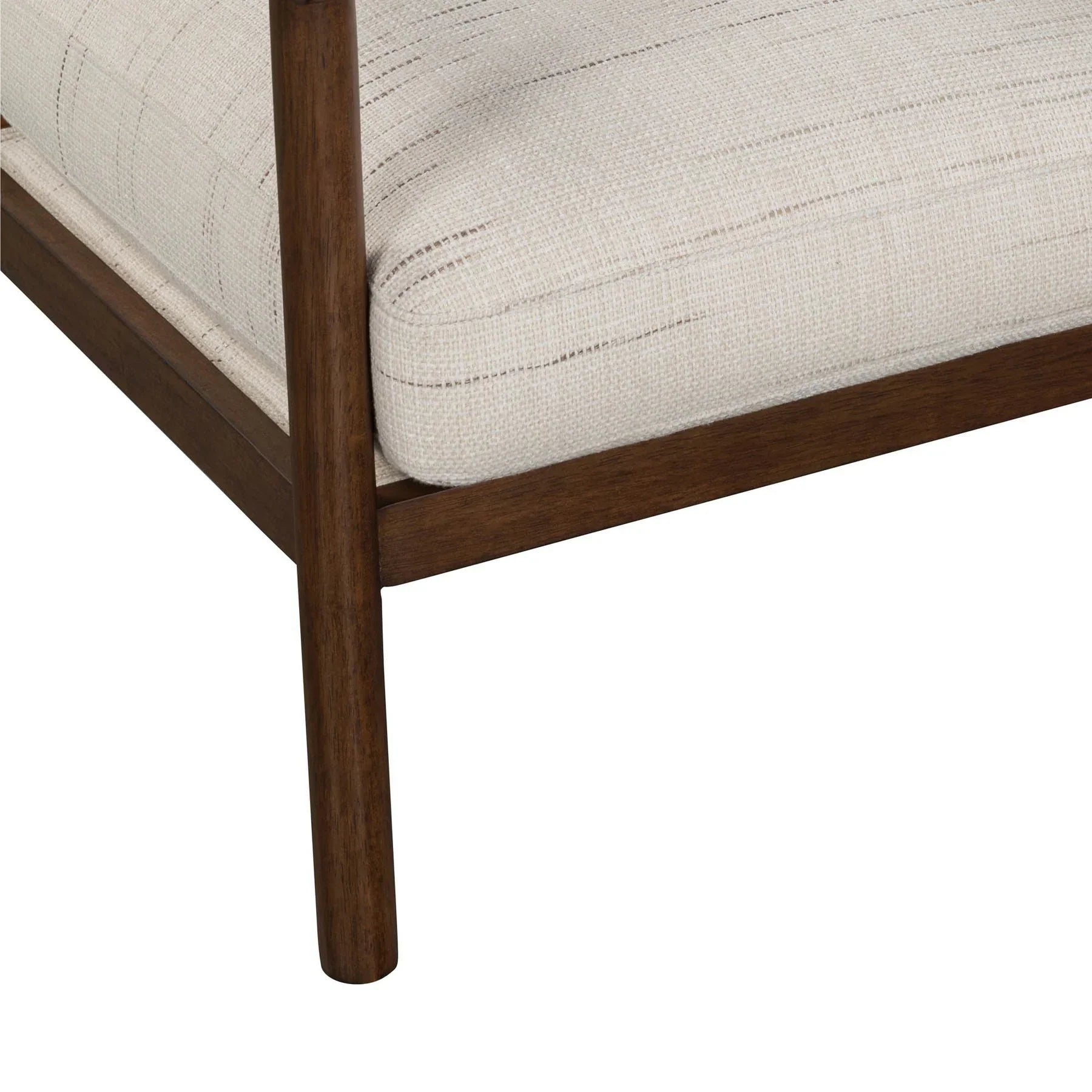 Close-up of the Shoji Cream linen cushion meeting the dark wood frame joint